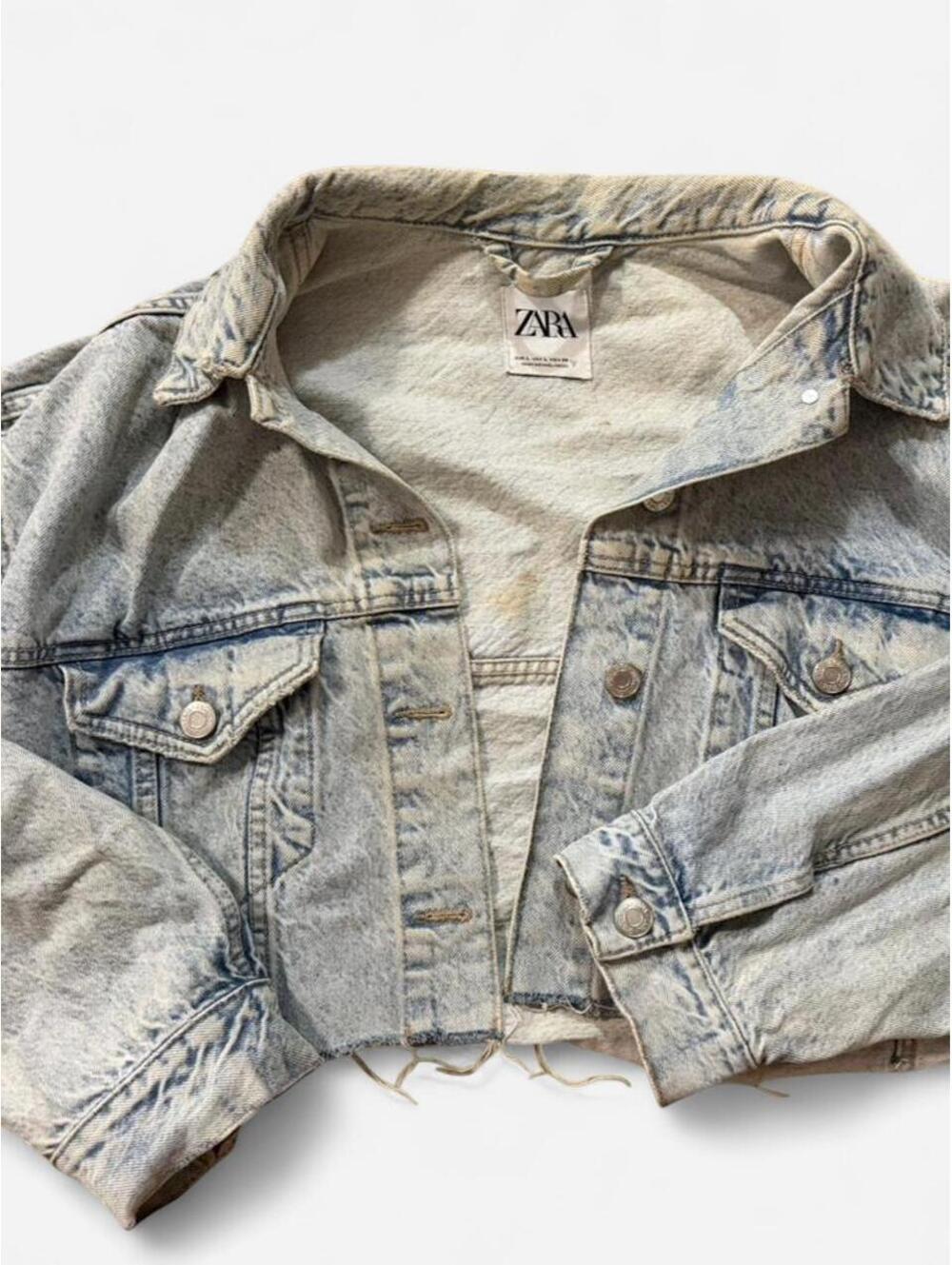 Zara light blue denim jacket with distressed details Size L